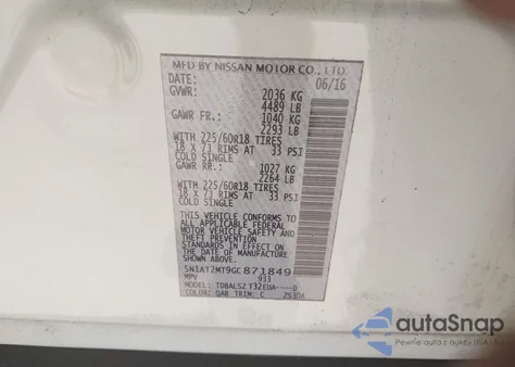 2016 Nissan Rogue Sl from USA, damaged, VIN 5N1AT2MT9GC871849